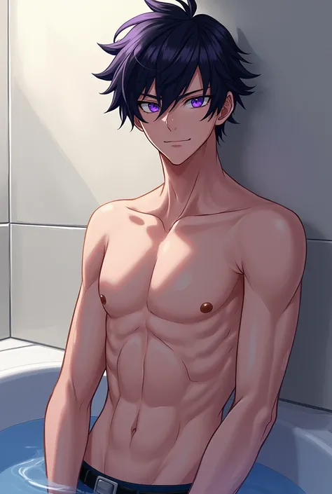 Screenshot of boku no hero academia 1 boy naked anime man shirtless white skin handsome black hair with wavy purple and purple eyes sexy pose bathing naked full body hot