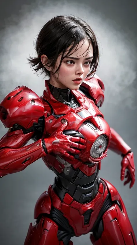 Highest quality　8k Red Robot Suit Girl　Sweaty face　vulva　short hair　boyish　Steam coming out of my head　My hair is wet with sweat　Black Hair　Full body portrait　My upper body is soaked　　Spread your legs　I can see the vagina　