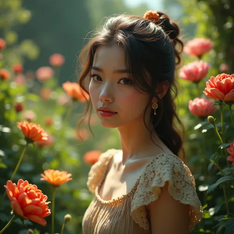 a beautiful girl in a enchanting garden, detailed face, long eyelashes, delicate skin, colorful flowers, lush foliage, natural lighting, serene atmosphere, cinematic composition, photorealistic, masterpiece, 8k, hyperrealistic, intricate details, vibrant c...