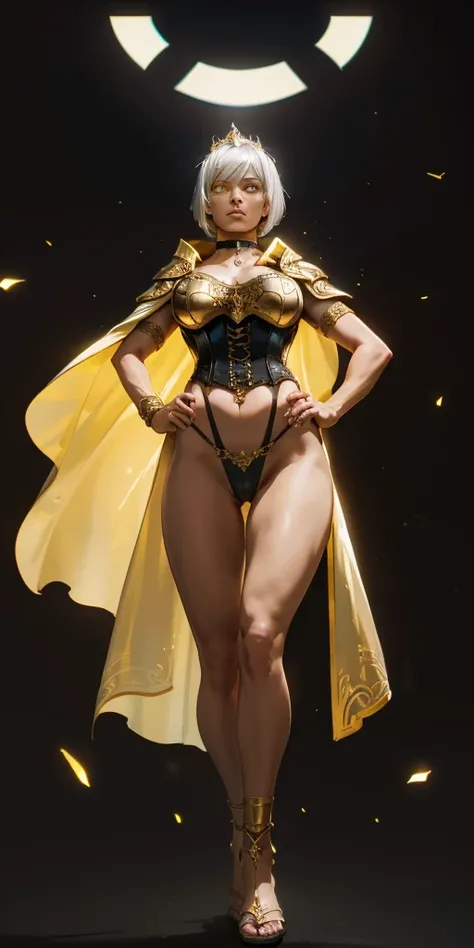 (black background) paladin lady in ornate golden armor, pauldrons, breastplate, corset, glowing halo, short hair, bob hair style, white silver hair, yellow glowing eyes, bright pupils, eye focus, red cape, particles, light beam, chromatic aberration, full ...