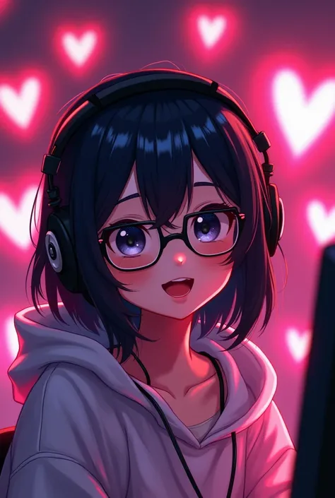 Twitch emote image of a girl with black hair, black eyes, black eyebrows, glasses, headphones, gamer in love with hearts in the background