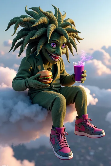 design a 3D exotic indica strain character, with highly crystalized and personified. This character hair are so thick on the buds they look like dreadlocks. This character is sitting in the clouds eating a hamburger he got from CHUBBYS, he is dangling his ...