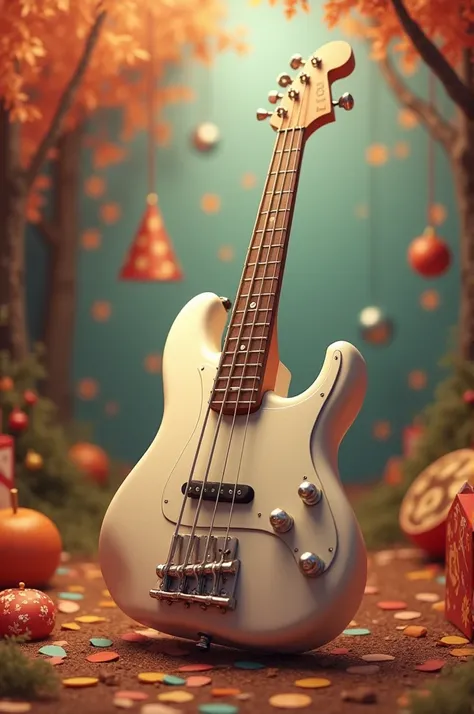 A bearish molar, that the bass is white with 5 strings. and say: HAPPY BIRTHDAY GROVERCITO