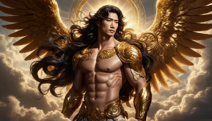 a close up of a male angel with wings in the sky, angelic golden armor, full - body majestic angel, archangel, beautiful male god of death, by Yang J, attractive male deity, epic angel wings, greek god, winged human, archangel Chamuel l, of beautiful angel...