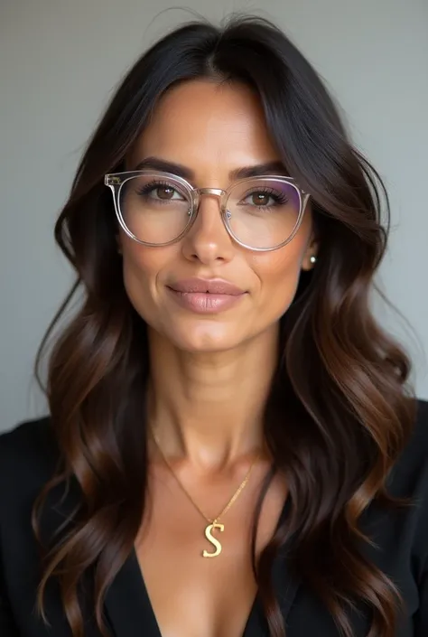 A brunette interviewer with long wavy hair with clear glasses, brown eyes and a small gold-colored necklace with the letter S 