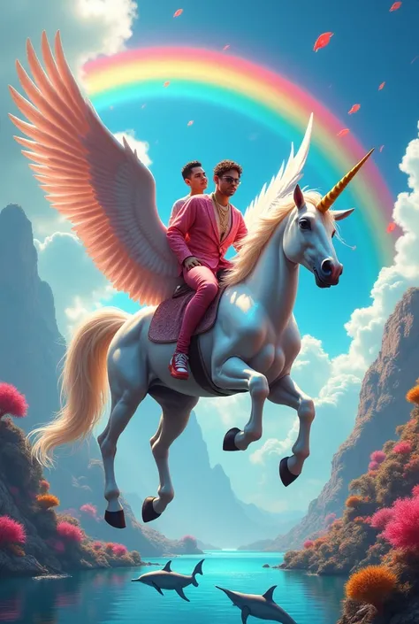 Anuel and Karol G riding a unicorn with wings, dolphins in the background, flying fish, rainbow, too colorful 