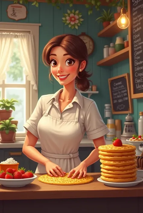 Make a picture of a woman who works in crepes & waffles