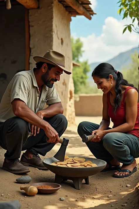 It recreates in a realistic way and with Latin characteristics what is described in the following stanza::
A farmer squatting down sharpening his axe smiles at a woman making tortillas on a stove 