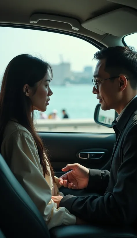 Inside a Korean taxi, a female traveler is asking the driver with a desperate expression. The driver is turning around to respond. Outside the window, the scenery of Haeundae is visible