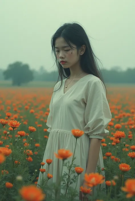 A girl in the middle of a field of flowers, looking forward, with a tear on her cheek and fading away.