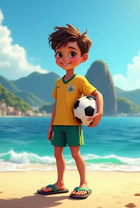 A realistic depiction of a 1 boy with light brown skin, short curly hair, wearing a football team t-shirt and shorts, along with flip-flops. He is standing on a beach in Rio de Janeiro, possibly Ipanema or Copacabana, with the ocean behind him and Sugarloa...