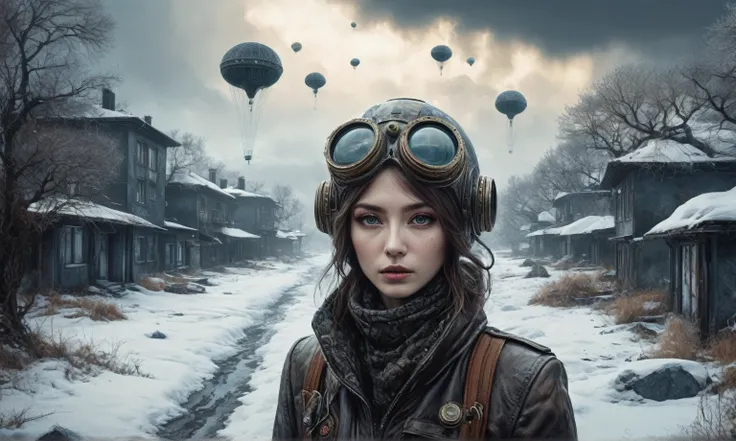 insane pilot from USSR , camouflage Rusty, after a psychiatric clinic,winter,intricate landscape,slate grey atmosphere,film grain,faded,eyes extremely detailed,another world,view from height,once pretty face,eyebrow up,full body shot,ominous landscape, Sim...