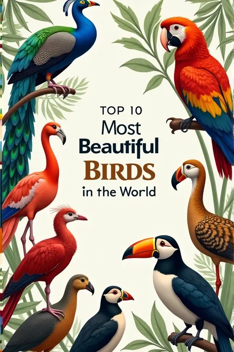 “A vertical portrait of the ‘Top 10 Most Beautiful Birds in the World’, featuring vivid and realistic illustrations of a peacock, resplendent quetzal, mandarin duck, scarlet macaw, flamingo, bird-of-paradise, golden pheasant, Victoria crowned pigeon, toco ...