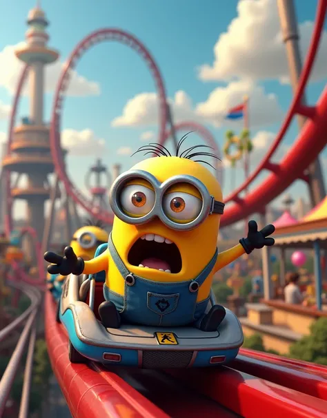 Minion Kevin is riding a roller coaster, face of both panic and excitement.
