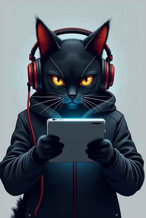 Can you create me a logo of a black heat GAMER cat that looks tough THAT HAS HEADPHONES AND IS PLAYING WITH HIS TABLET and below has the words "MISHO TK"