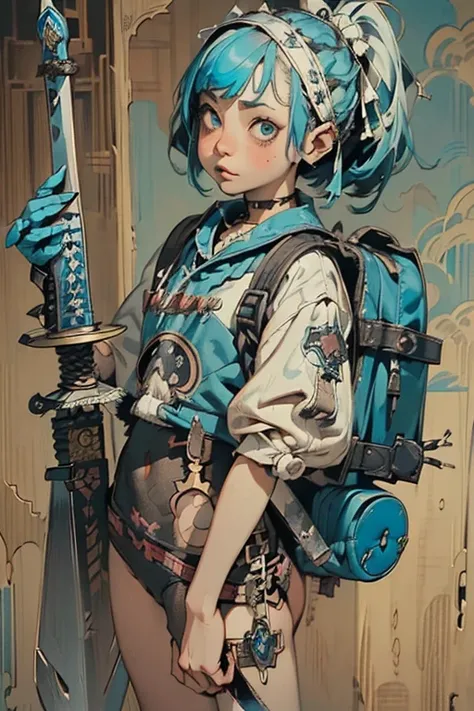 ((1 punk girl,Unusual punk hair:1.3)),((Blue and white British punk fashion:1.5)),(Light black and blue hair:1.5、Long Bangs:1.5、short hair)Studded clothing、((Holding a sword in his right hand:1.5))、((Small backpack on the back))、（Narrow and small eyes）,Wac...