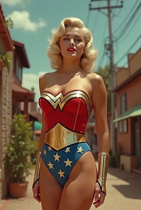 Screengrab of 1950s Super Panavision 70 movie. Ultra quality Retro in color, Marilyn Monroe in Wonder Woman Dress. With big brest.