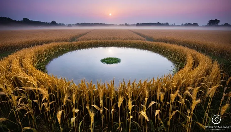 A perfect 15 meter circle, set in the middle of a golden cornfield, under a twilight sky. Mist rises from the damp ground, and the only light comes from a full moon that hides among the ears. Create a mysterious and intriguing atmosphere."