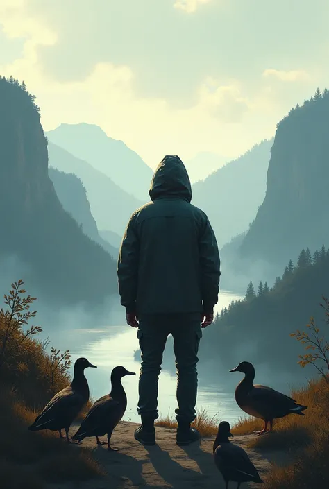 A man in a hooded jacket stands with his back to the camera, on the edge of a wild, untamed landscape. Around him, several ducks gather, as if ready to join him on a journey into the unknown. The scene captures a moment of anticipation, with the man poised...