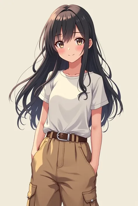 “Anime-style, hyper-realistic, cute girl with long hair, plump lips, and big eyes, smiling. She is wearing wide cargo pants and a white short-sleeved shirt. Full body, standing in the center.”