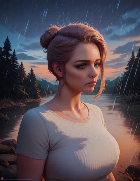 (1 girl) (masterpiece, best quality) ((the cutest camp councilor is sad she wont see you until next year)) , ,  , (stormy dark sky, sunset, raining) (beautiful forest background)
((Melancholy emotions:1.4)), ((realistic oil painting)) art by norman Rockwel...