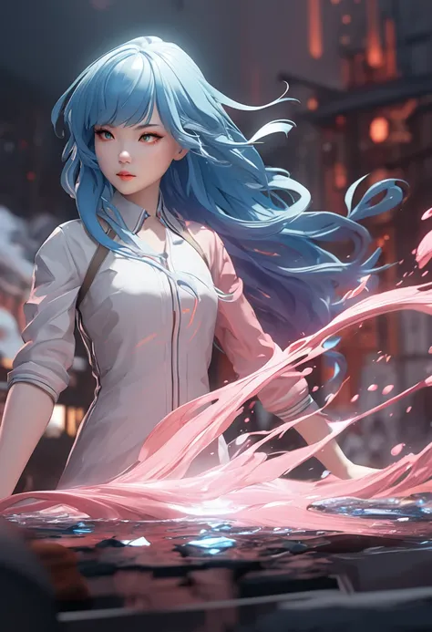 a girl with blue hair and pink hair, a digital painting, inspired by Yanjun Cheng, flowing glowing hair, for hire 3d artist, artwork in the style of guweiz