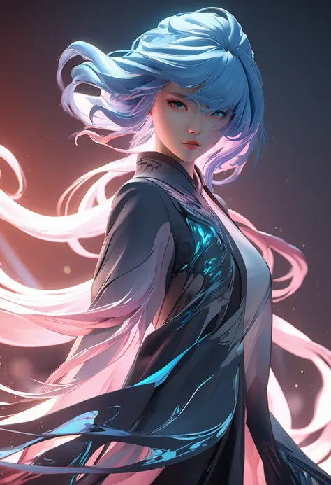 a girl with blue hair and pink hair, a digital painting, inspired by Yanjun Cheng, flowing glowing hair, for hire 3d artist, artwork in the style of guweiz