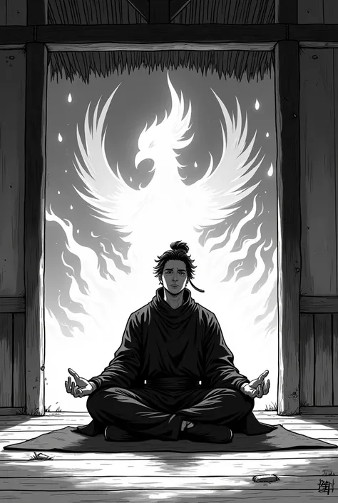 (Black and white 2D manga) Relaxed guy dressed in ninja outfit and in a hut with the fire elemental phoenix behind him 