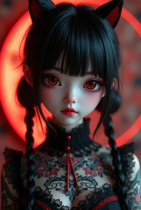 Masterpiece, Best quality, gif,1 porcelain ceramic girl, Solo, Natural skin texture, Realistic black eyes and facial details :5),(Dark :1. 4), Deep shadows, Extremely detailed beauty, Detailed eyes and face, sharp black eyes, Red lipstick, No black eyeline...