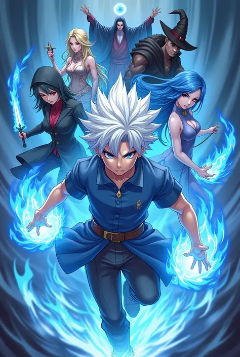 Create a cover of an anime boy with white hair and blue eyes showing his power with blue fire in his hands and around him are his friends: a dark wizard , A beautiful female swordsman and a wizard with the power of darkness, and in the front is a Demon Que...