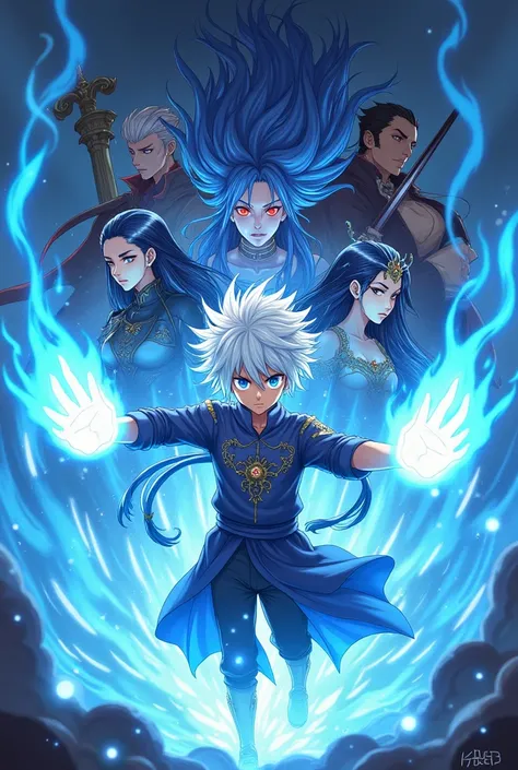 Create a cover of an anime boy with white hair and blue eyes showing his power with blue fire in his hands and around him are his friends: a dark wizard , A beautiful female swordsman and a wizard with the power of darkness, and in the front is a Demon Que...