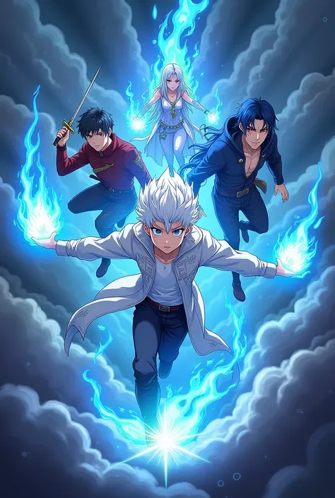 Create a cover of an anime boy with white hair and blue eyes showing his power with blue fire in his hands and around him are his friends: a dark wizard , A beautiful female swordsman and a wizard with the power of darkness, and in the front is a Demon Que...