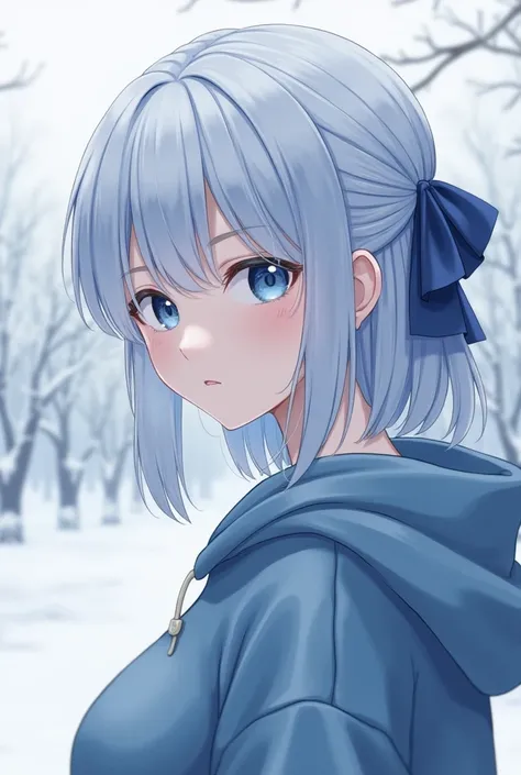 1girl,light blue hair,blue eyes,hair ribbon,blue hoodie,winter,looking at viewer,profile picture, naked