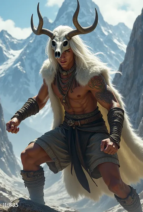 Kalashtar young man full body, long white hair, tattoos on face, Druid, animal skull on head, Attack position, Wolf skin, Mountain and snow environment