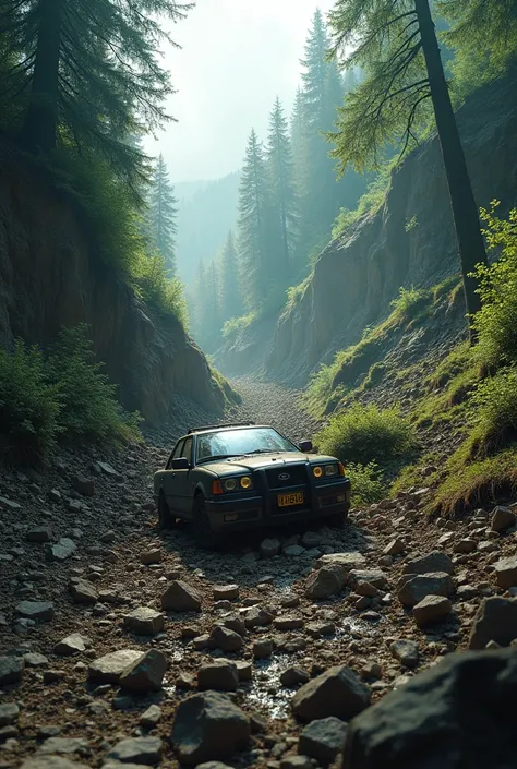 severe landslide, car, road, forest