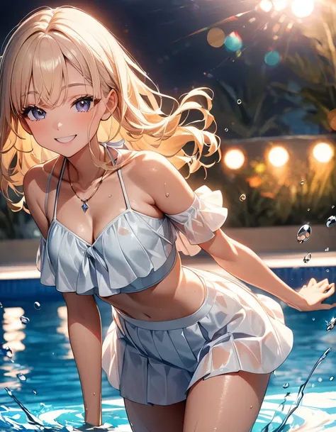 bikini美女のPoolパーティ, Party Time, Beautiful attention to detail, Beautiful lip detail, Very detailed目と顔, Long eyelashes, bikini美女の曲線美, bikini, Pool , Cowboy Shot, smile, Playful, splash, Warm summer days, Golden Hour Lighting, Bright colors, Glowing Skin, Wat...