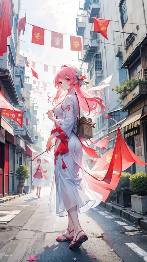 One women walking down a street with vietnamese flags hanging from the buildings, vietnam, pink pastel hair, vietnamese woman, white ao dai, illustration, red flags holiday, flags, vietnamese temple scene, travelers walking the streets, triumphant, vietnam...