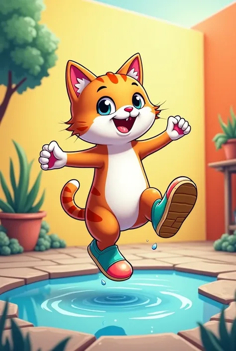 A cat with shoes, jumping a puddle, where the shoes stand out and it is a cartoon format for a company mascot 