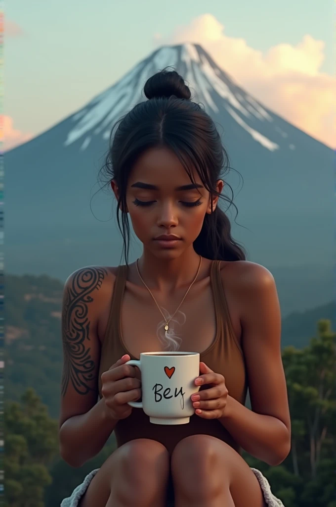 A dark-skinned girl drinking a cup of coffee sitting in front of the Arenal Volcano. She has a tattoo that says Joscelyn and the coffee mug has the name Bey written on it and a heart emoji next to it 