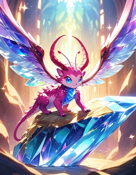 A majestic anime-inspired crystal creature poses majestically against a brilliant amazing background, its iridescent scales glistening in 8K resolution. Delicate details on the monsters wings and antennae sparkle like diamonds, as it stretches forth with a...