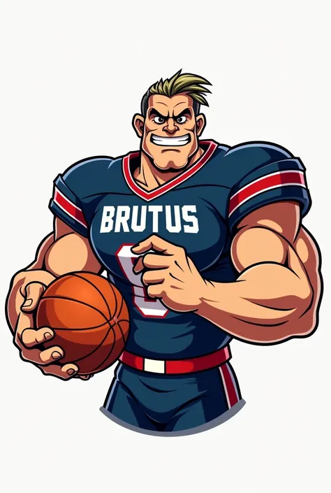 Create a logo with the character (Brutus) from the Popeye cartoon, the logo has to be with the character Brutus, with a football player t-shirt and a basketball in his hand