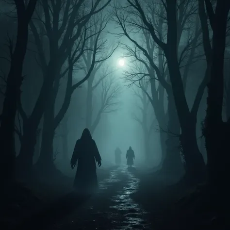 Creepy Forest Path: A dark, misty forest path with shadowy figures lurking between the trees. The design could have an eerie glow, with the moon casting a dim light through the fog.