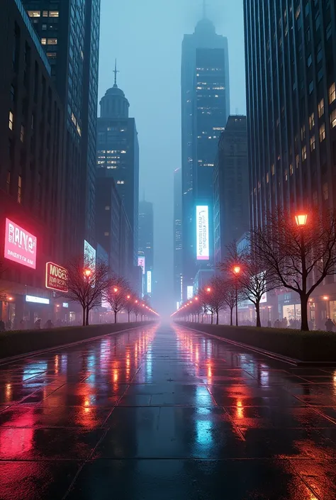 Photographic grade，Movie quality，Game CG wallpaper，Cyber Plaza in New York City during rainy weather，Deserted streets，No text appears