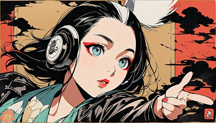 (((Ink Painting))), (((from above))), (((1 female))), (((Leather jacket with Japanese patterns))), (((Mohawk))), (((Very flashy makeup))), (((Finger guns))), Japanese style headphones, face close-up, front view, Japan人の美少女, Black Hair, Delicate and precise...