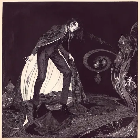 black and white ink drawing artwork image of a crazed man in a black cape suit standing on a bed artwork by Harry Clarke, inspired por Harry Clarke