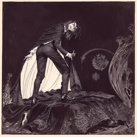 black and white ink drawing artwork image of a crazed man in a black cape suit standing on a bed artwork by Harry Clarke, inspired por Harry Clarke