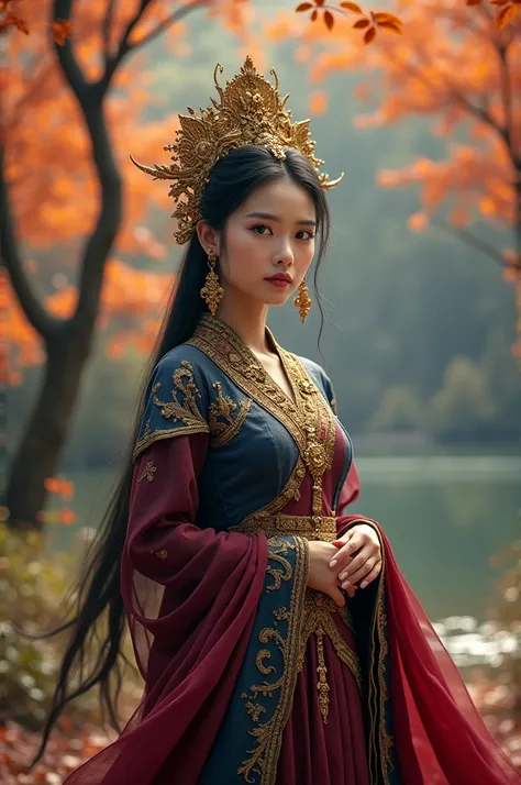 Draw a picture of a beautiful (Thai-Canadian) woman wearing an elaborate fantasy costume. Her costume features a combination of navy and burgundy, with intricate gold details. The person is decorated with gold accessories and carries an ornate object in hi...