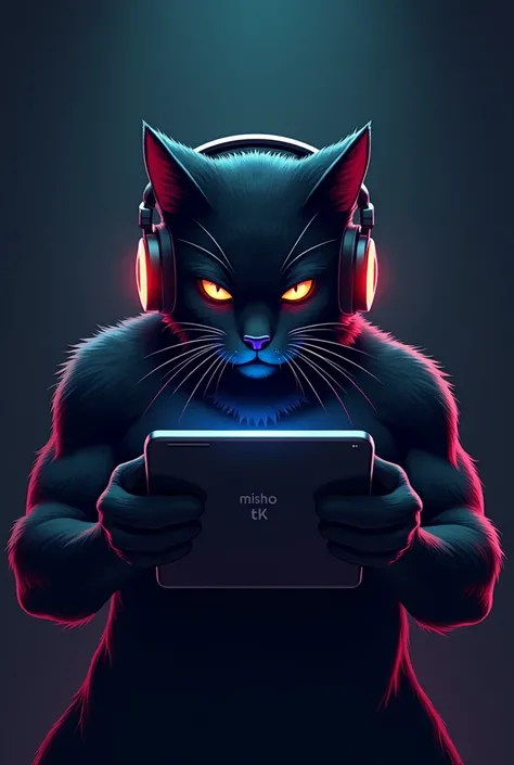 Can you create me a logo of a black heat GAMER cat that looks tough THAT HAS HEADPHONES AND IS PLAYING WITH HIS TABLET and below has the words ("MISHO TK")