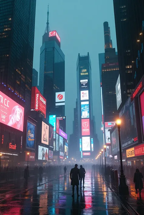 Photographic grade，Movie quality，Game CG wallpaper，Cyber Times Square in New York City in the rain，Deserted streets，No text appears