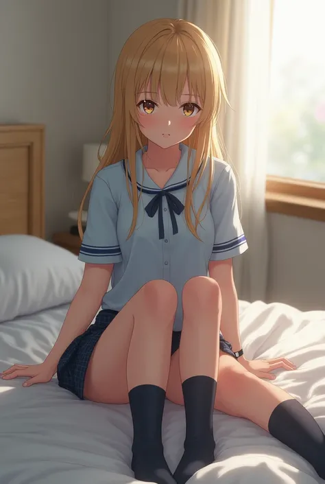 Photorealism、Highest quality、Ultra-high resolution、Browsing Caution、Japanese schoolgirl、1、Dressed in uniform sitting on bed、Low angle shot:1.5、M-shaped feet:1.4、She opened her legs wide:1.5、Sit with your knees bent and your legs apart、((Showing panties:1.5...